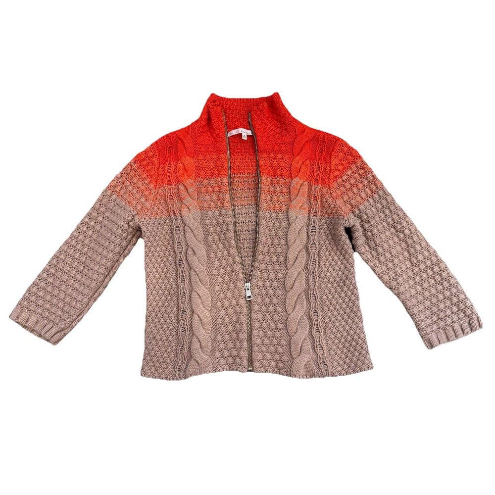 Rachel Roy Orange Tan Ombré Zip Cable Knit 3/4 Sleeve Sweater Sz M Vintage Mock